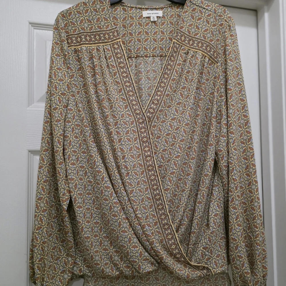 Patterned V-Neck Wrap Blouse - Picture 1 of 3